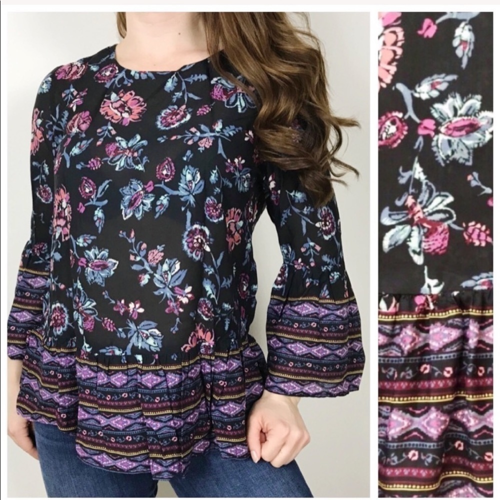 BEACHLUNCHLOUNGE Floral Peplum Bell Sleeve Blouse Dark Floral Fall Top